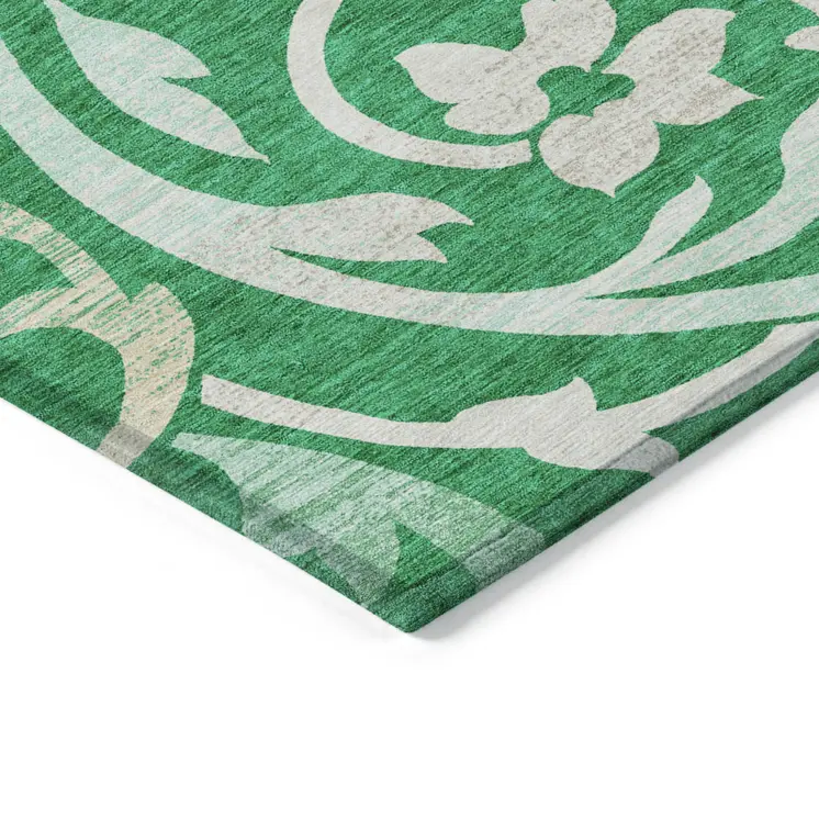 8' X 10' Mint Green And Ivory Floral Washable Indoor Outdoor Area Rug