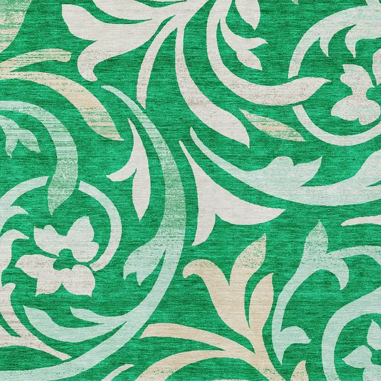 8' X 10' Mint Green And Ivory Floral Washable Indoor Outdoor Area Rug