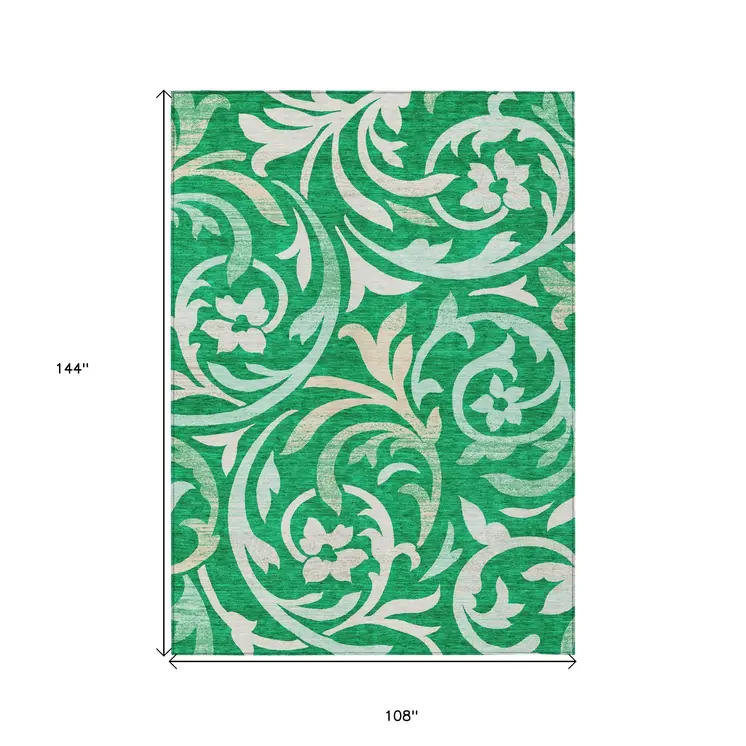 9' X 12' Mint Green And Ivory Floral Washable Indoor Outdoor Area Rug