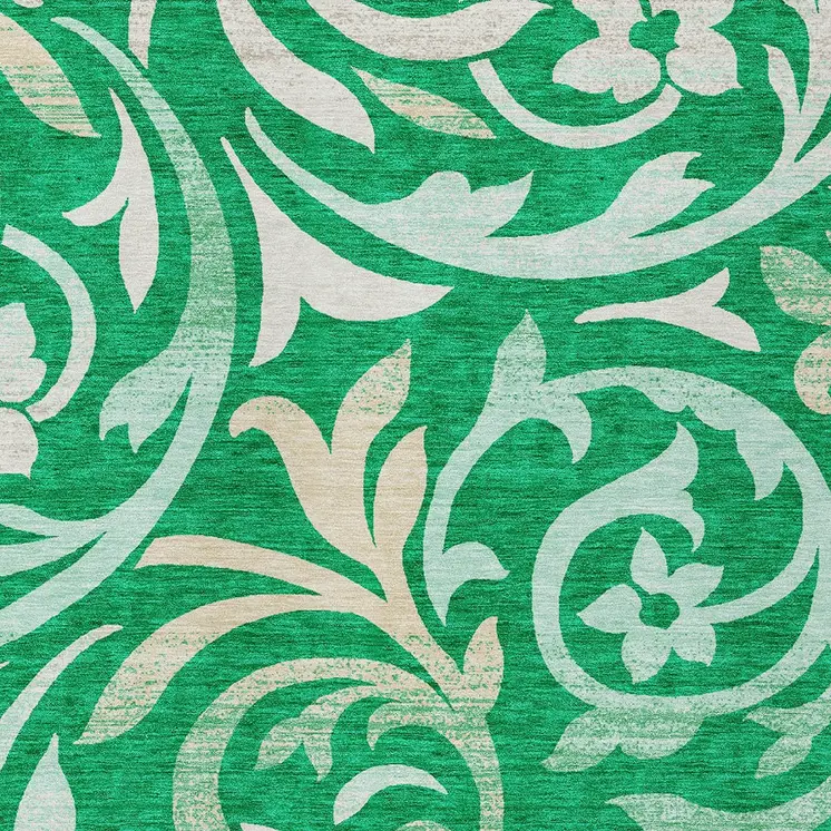 9' X 12' Mint Green And Ivory Floral Washable Indoor Outdoor Area Rug