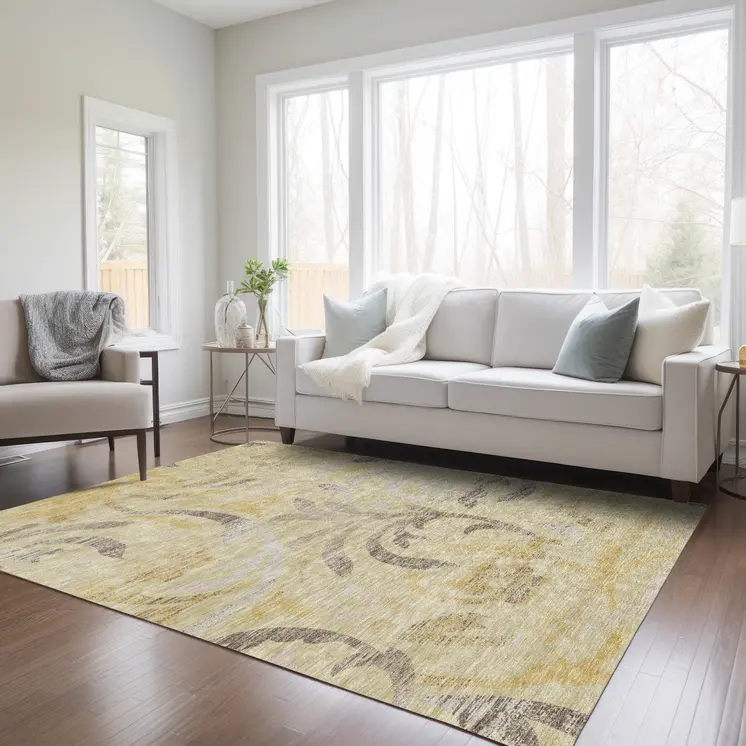 3' X 5' Gold Beige And Taupe Floral Washable Indoor Outdoor Area Rug
