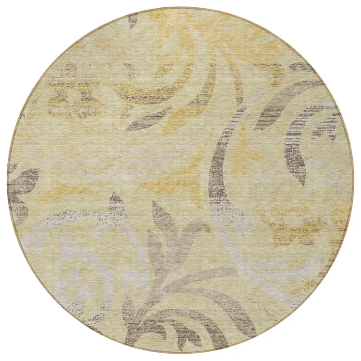 8' Gold Beige And Taupe Round Floral Washable Indoor Outdoor Area Rug