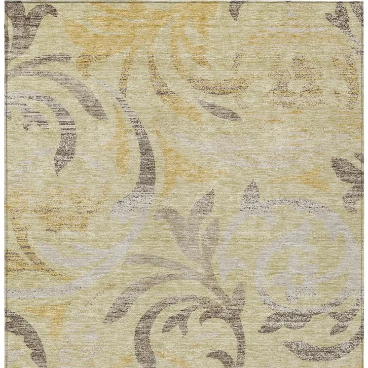 8' X 10' Gold Beige And Taupe Floral Washable Indoor Outdoor Area Rug