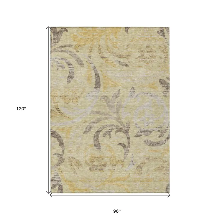 8' X 10' Gold Beige And Taupe Floral Washable Indoor Outdoor Area Rug