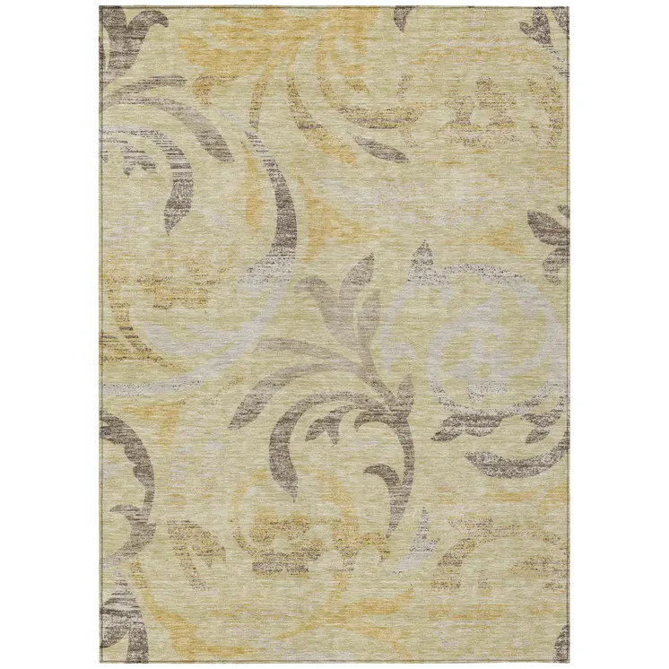 8' X 10' Gold Beige And Taupe Floral Washable Indoor Outdoor Area Rug