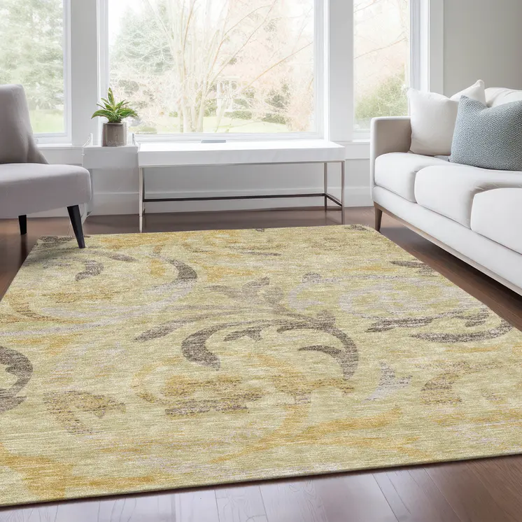 8' X 10' Gold Beige And Taupe Floral Washable Indoor Outdoor Area Rug