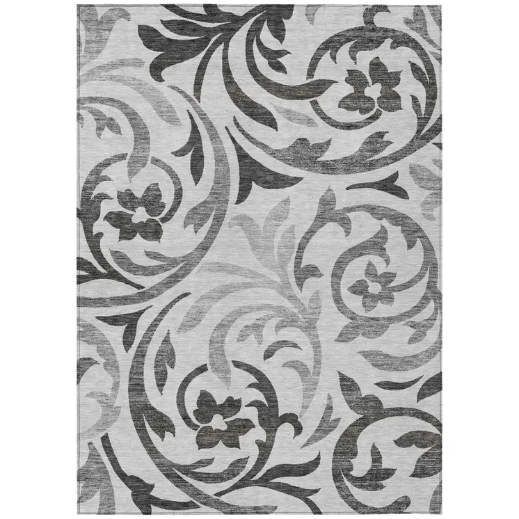 3' X 5' Gray Charcoal And Silver Floral Washable Indoor Outdoor Area Rug