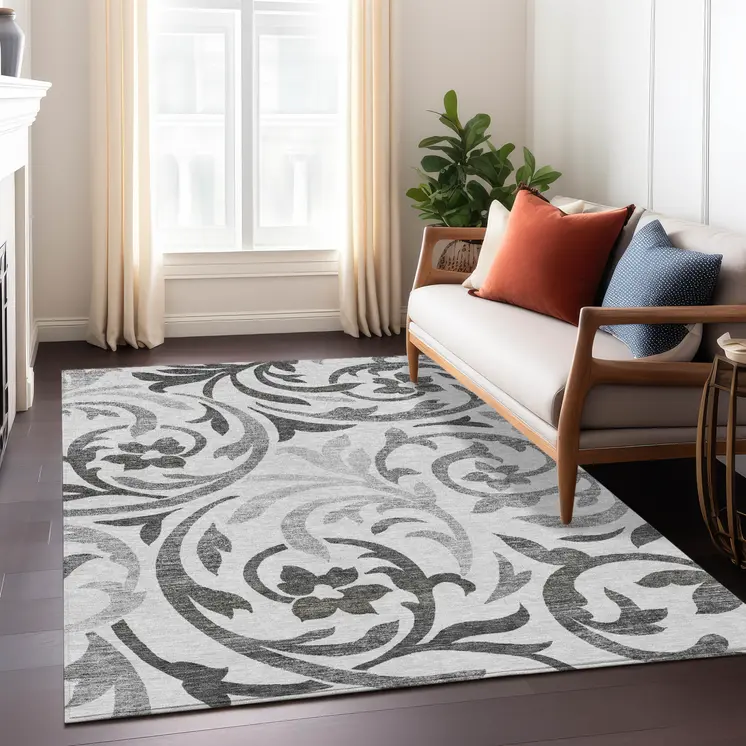 3' X 5' Gray Charcoal And Silver Floral Washable Indoor Outdoor Area Rug