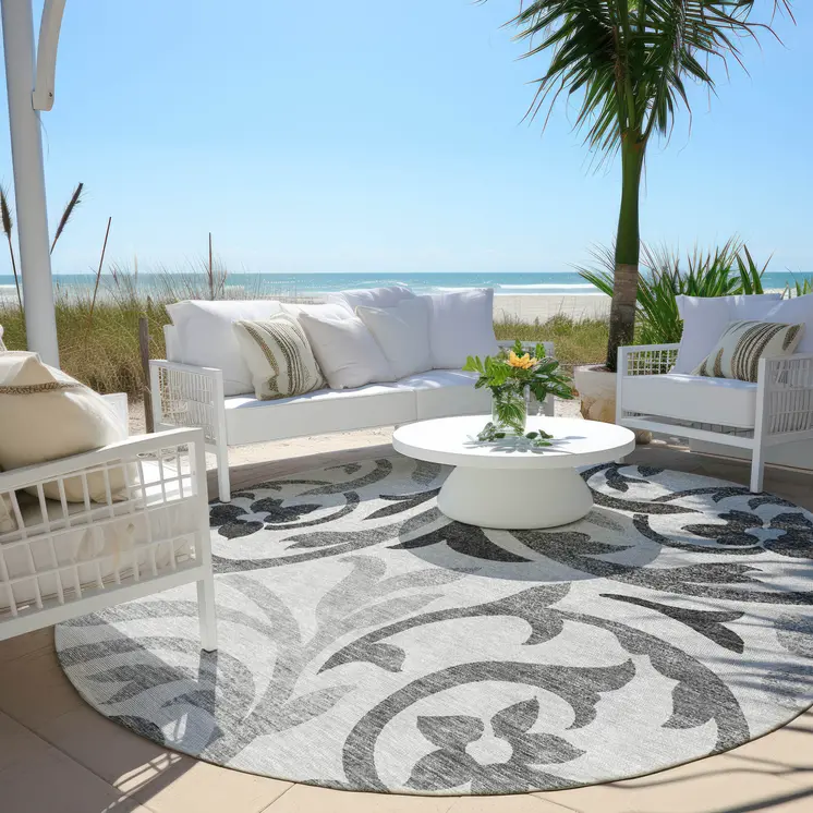 8' Gray Charcoal And Silver Round Floral Washable Indoor Outdoor Area Rug
