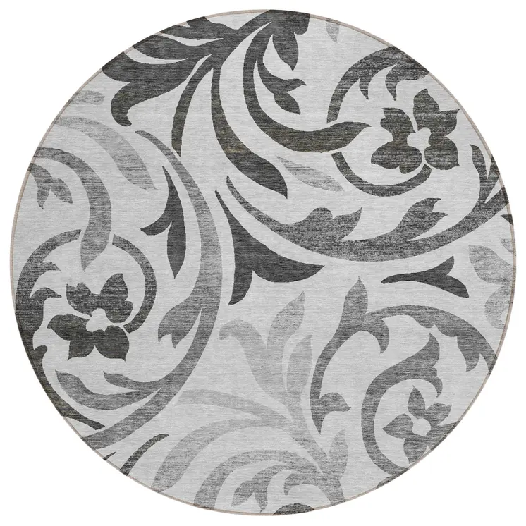 8' Gray Charcoal And Silver Round Floral Washable Indoor Outdoor Area Rug