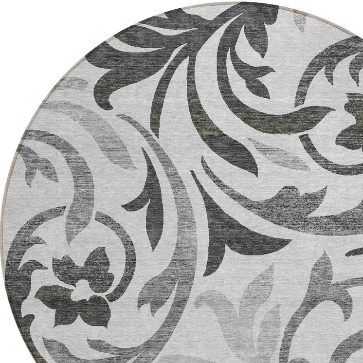 8' Gray Charcoal And Silver Round Floral Washable Indoor Outdoor Area Rug