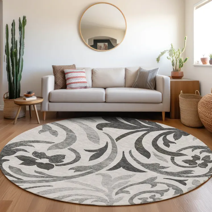 8' Gray Charcoal And Silver Round Floral Washable Indoor Outdoor Area Rug