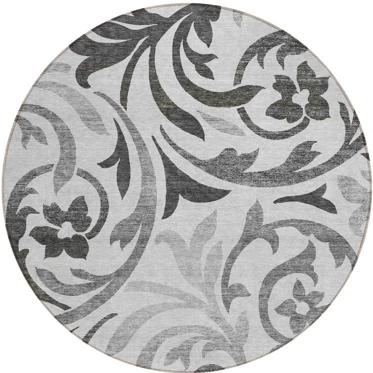 8' Gray Charcoal And Silver Round Floral Washable Indoor Outdoor Area Rug