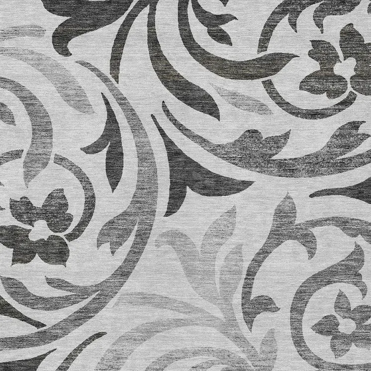 10' X 14' Gray Charcoal And Silver Floral Washable Indoor Outdoor Area Rug