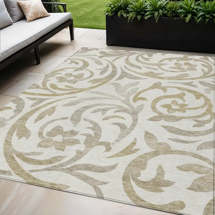 5' X 8' Ivory Beige And Taupe Floral Washable Indoor Outdoor Area Rug