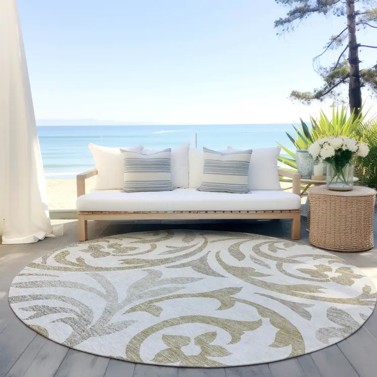 8' Ivory Beige And Taupe Round Floral Washable Indoor Outdoor Area Rug