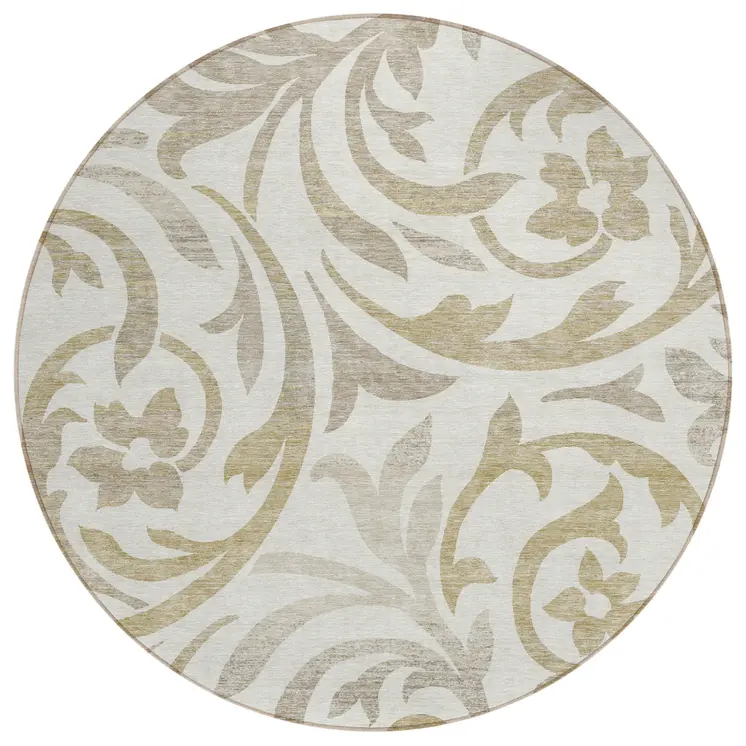 8' Ivory Beige And Taupe Round Floral Washable Indoor Outdoor Area Rug