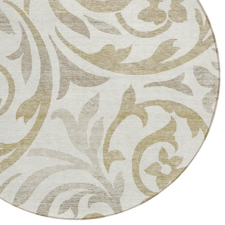 8' Ivory Beige And Taupe Round Floral Washable Indoor Outdoor Area Rug