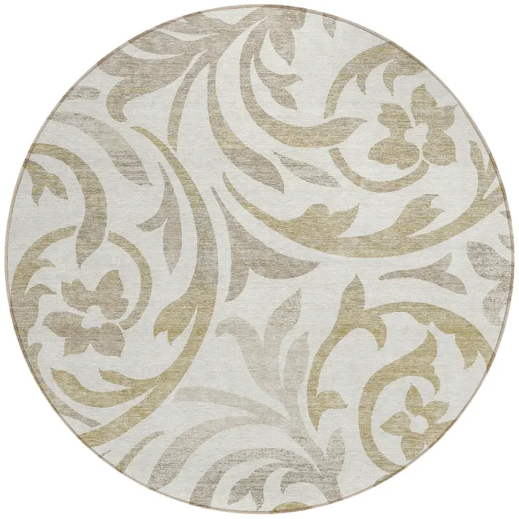 8' Ivory Beige And Taupe Round Floral Washable Indoor Outdoor Area Rug