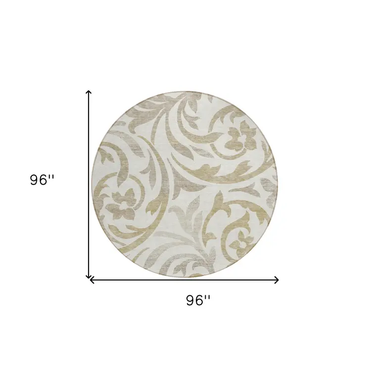 8' Ivory Beige And Taupe Round Floral Washable Indoor Outdoor Area Rug