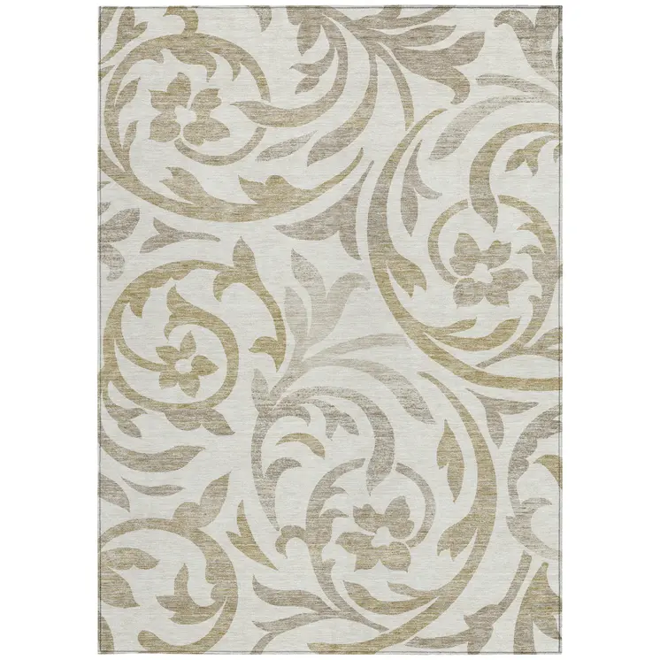 10' X 14' Ivory Beige And Taupe Floral Washable Indoor Outdoor Area Rug