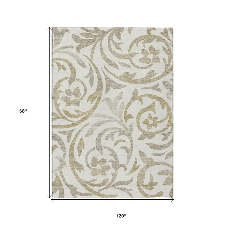 10' X 14' Ivory Beige And Taupe Floral Washable Indoor Outdoor Area Rug