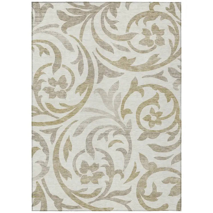 10' X 14' Ivory Beige And Taupe Floral Washable Indoor Outdoor Area Rug
