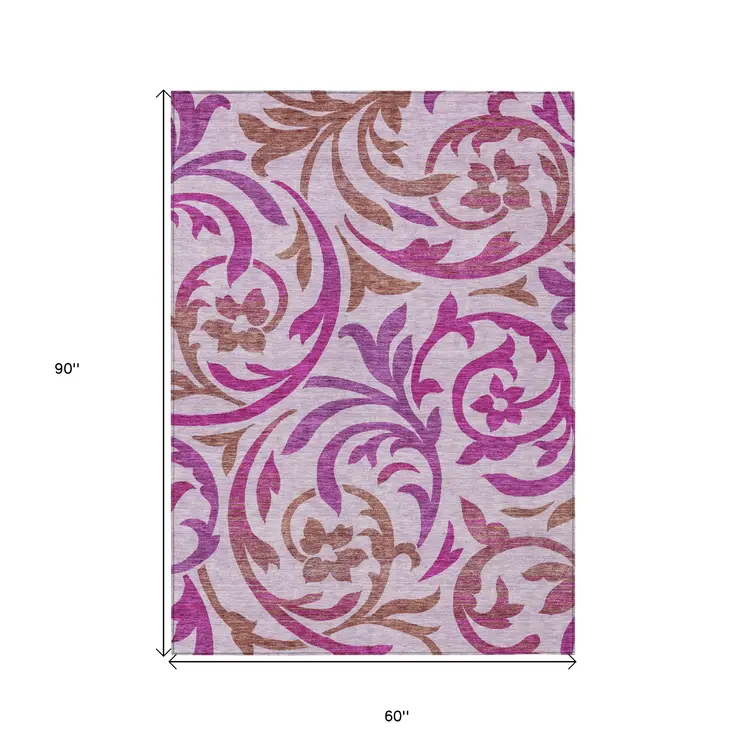 5' X 8' Lavender Blush And Purple Floral Washable Indoor Outdoor Area Rug
