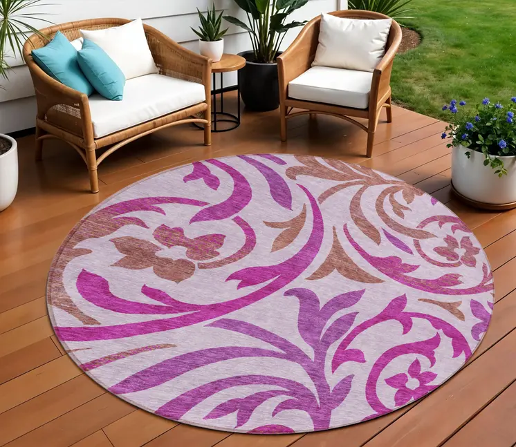 8' Lavender Blush And Purple Round Floral Washable Indoor Outdoor Area Rug