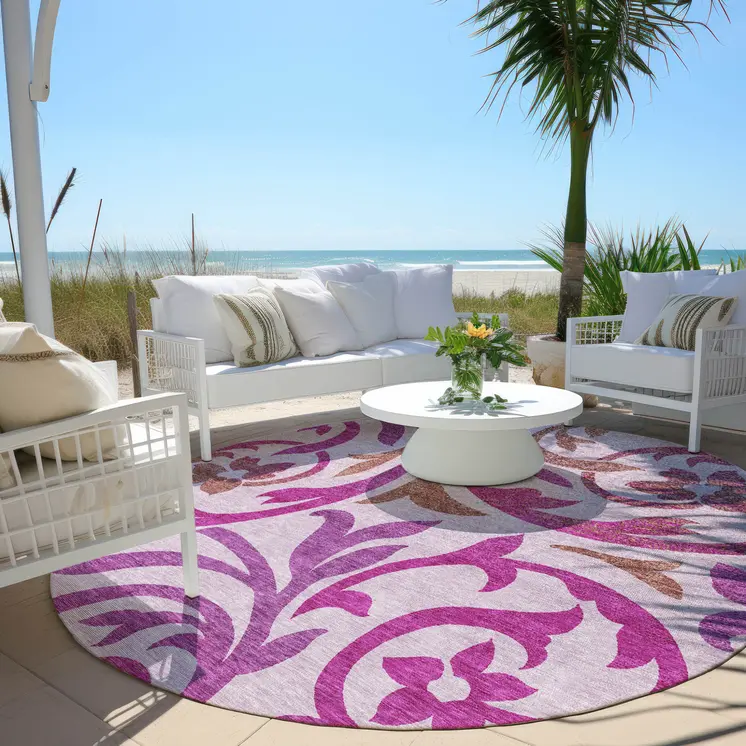 8' Lavender Blush And Purple Round Floral Washable Indoor Outdoor Area Rug