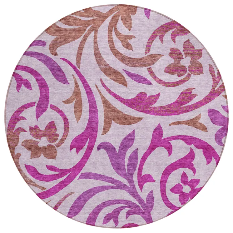 8' Lavender Blush And Purple Round Floral Washable Indoor Outdoor Area Rug