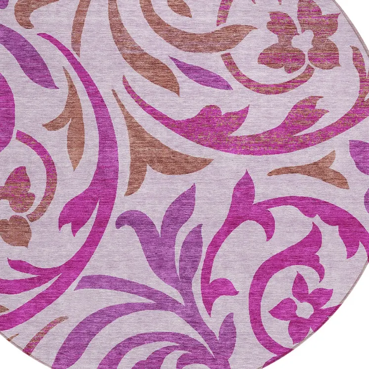 8' Lavender Blush And Purple Round Floral Washable Indoor Outdoor Area Rug