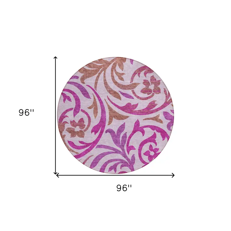 8' Lavender Blush And Purple Round Floral Washable Indoor Outdoor Area Rug