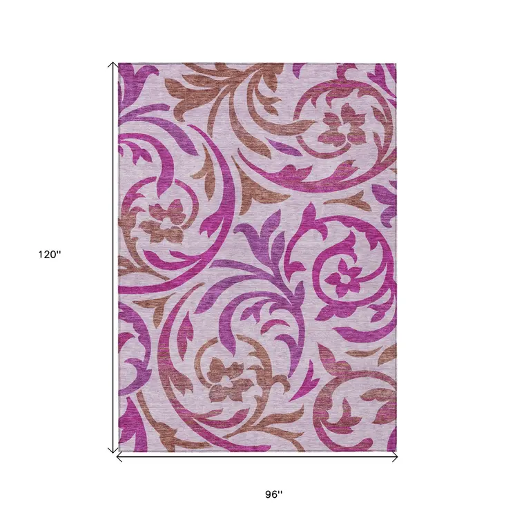 8' X 10' Lavender Blush And Purple Floral Washable Indoor Outdoor Area Rug