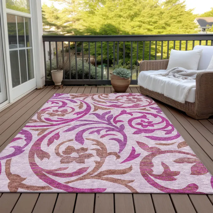 8' X 10' Lavender Blush And Purple Floral Washable Indoor Outdoor Area Rug