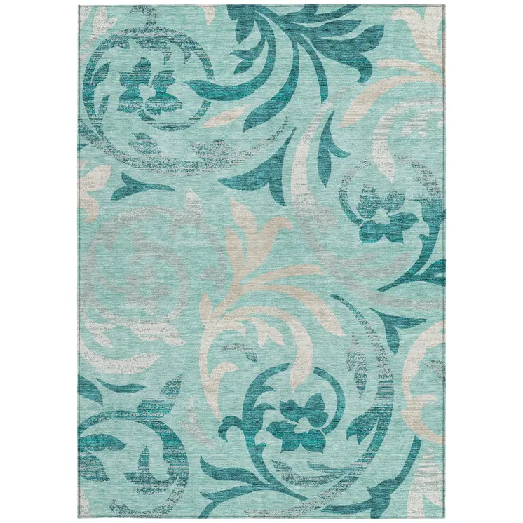 5' X 8' Teal Blue Aqua And Beige Floral Washable Indoor Outdoor Area Rug