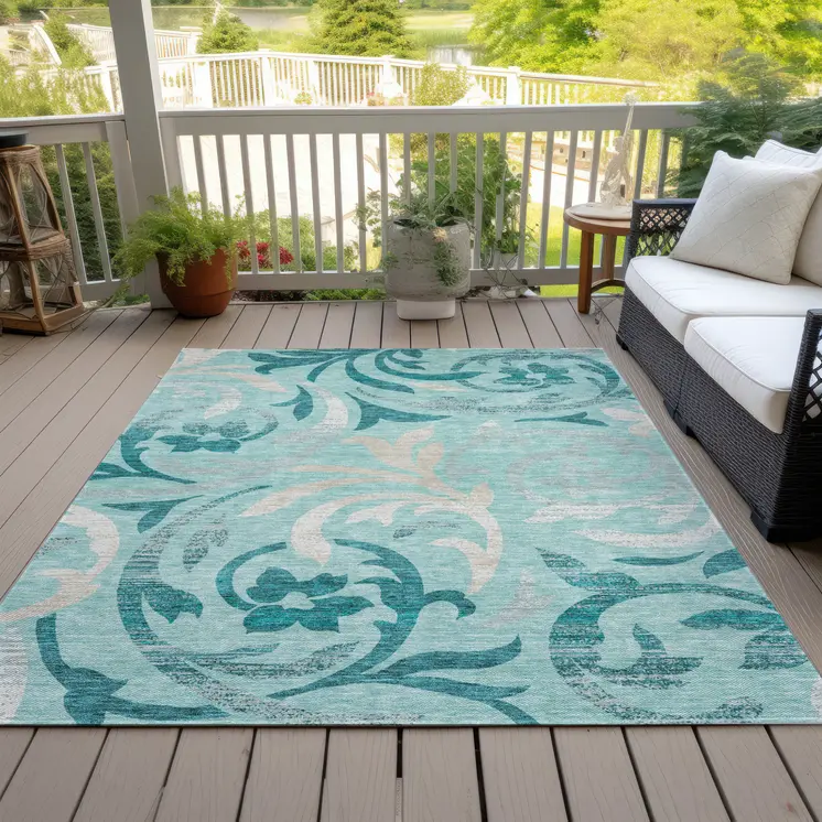 5' X 8' Teal Blue Aqua And Beige Floral Washable Indoor Outdoor Area Rug