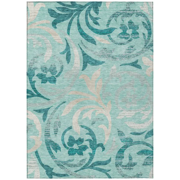 5' X 8' Teal Blue Aqua And Beige Floral Washable Indoor Outdoor Area Rug