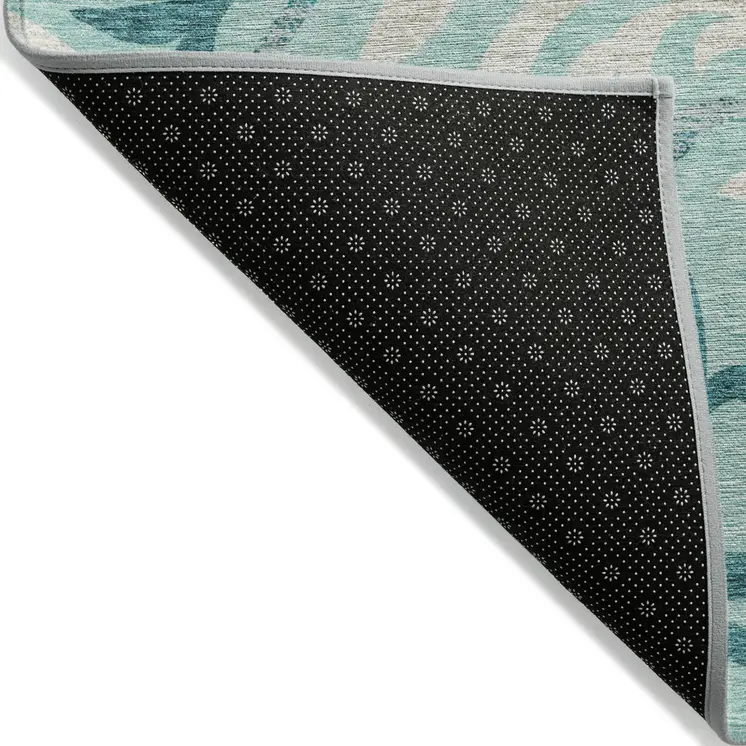 5' X 8' Teal Blue Aqua And Beige Floral Washable Indoor Outdoor Area Rug