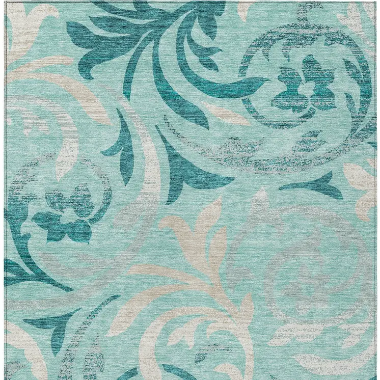 5' X 8' Teal Blue Aqua And Beige Floral Washable Indoor Outdoor Area Rug