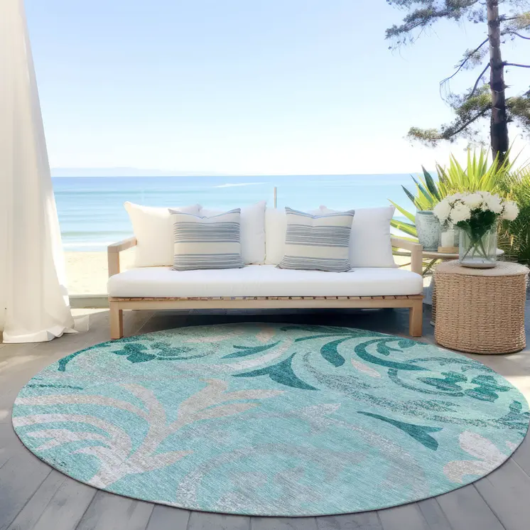 8' Teal Blue Aqua And Beige Round Floral Washable Indoor Outdoor Area Rug