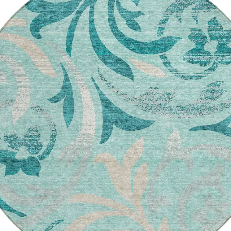 8' Teal Blue Aqua And Beige Round Floral Washable Indoor Outdoor Area Rug