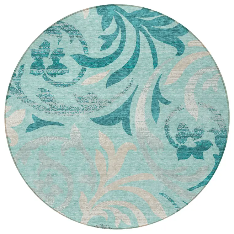 8' Teal Blue Aqua And Beige Round Floral Washable Indoor Outdoor Area Rug