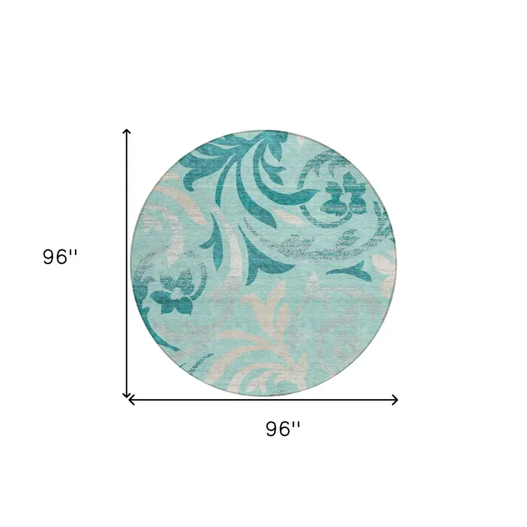 8' Teal Blue Aqua And Beige Round Floral Washable Indoor Outdoor Area Rug