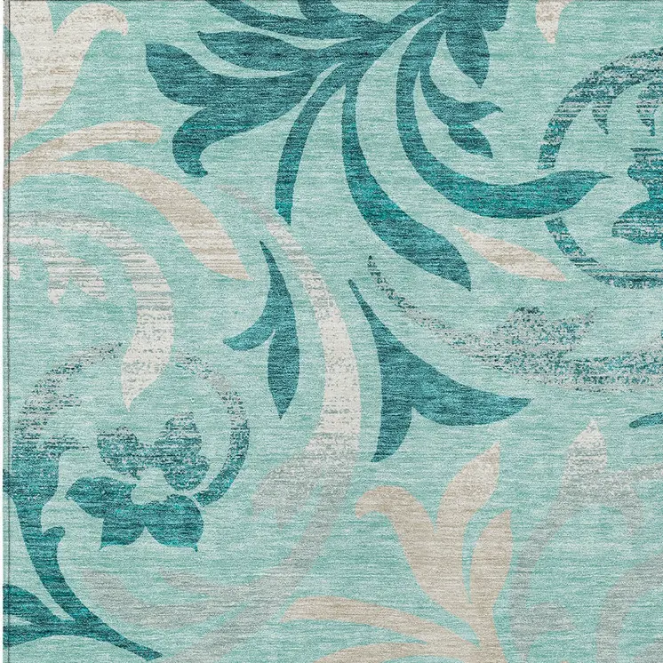 9' X 12' Teal Blue Aqua And Beige Floral Washable Indoor Outdoor Area Rug
