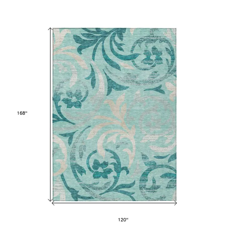10' X 14' Teal Blue Aqua And Beige Floral Washable Indoor Outdoor Area Rug