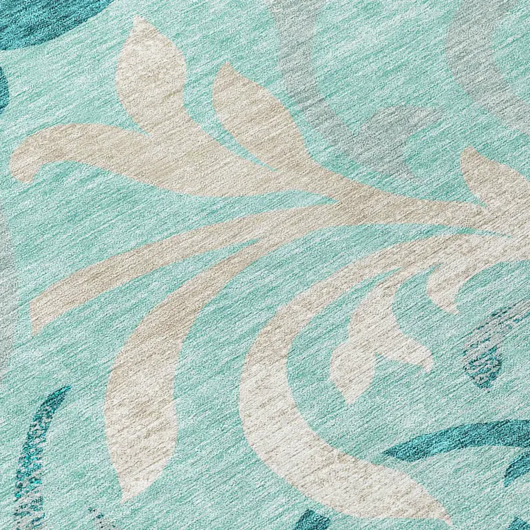 10' X 14' Teal Blue Aqua And Beige Floral Washable Indoor Outdoor Area Rug