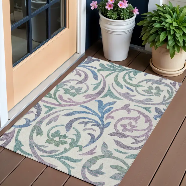 3' X 5' White Purple And Sage Floral Washable Indoor Outdoor Area Rug