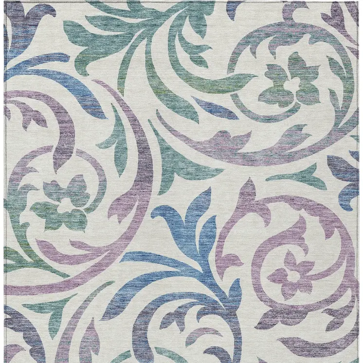 3' X 5' White Purple And Sage Floral Washable Indoor Outdoor Area Rug
