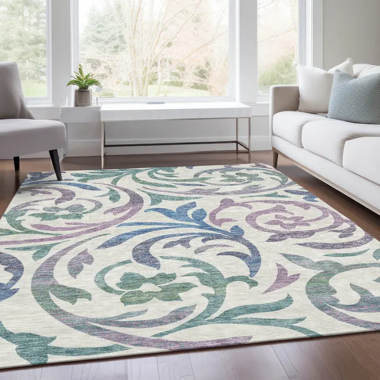 3' X 5' White Purple And Sage Floral Washable Indoor Outdoor Area Rug